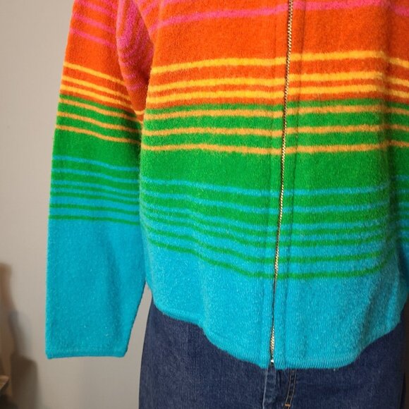 Vtg Talbots Cardigan Sweater Sz Medium Wool Preppy Colorful Stripe 90s Full Zip - Picture 2 of 10